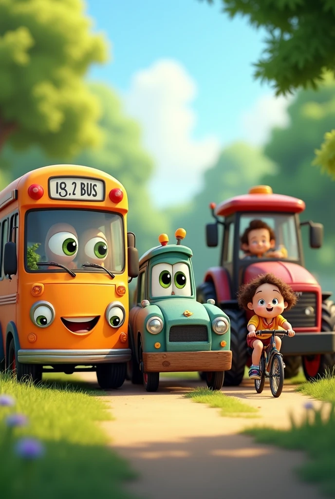 1 bus, 1 smiling car, 1 tractor, 1 bicycle in front of the tractor, with smiling children, next to each other in the park.