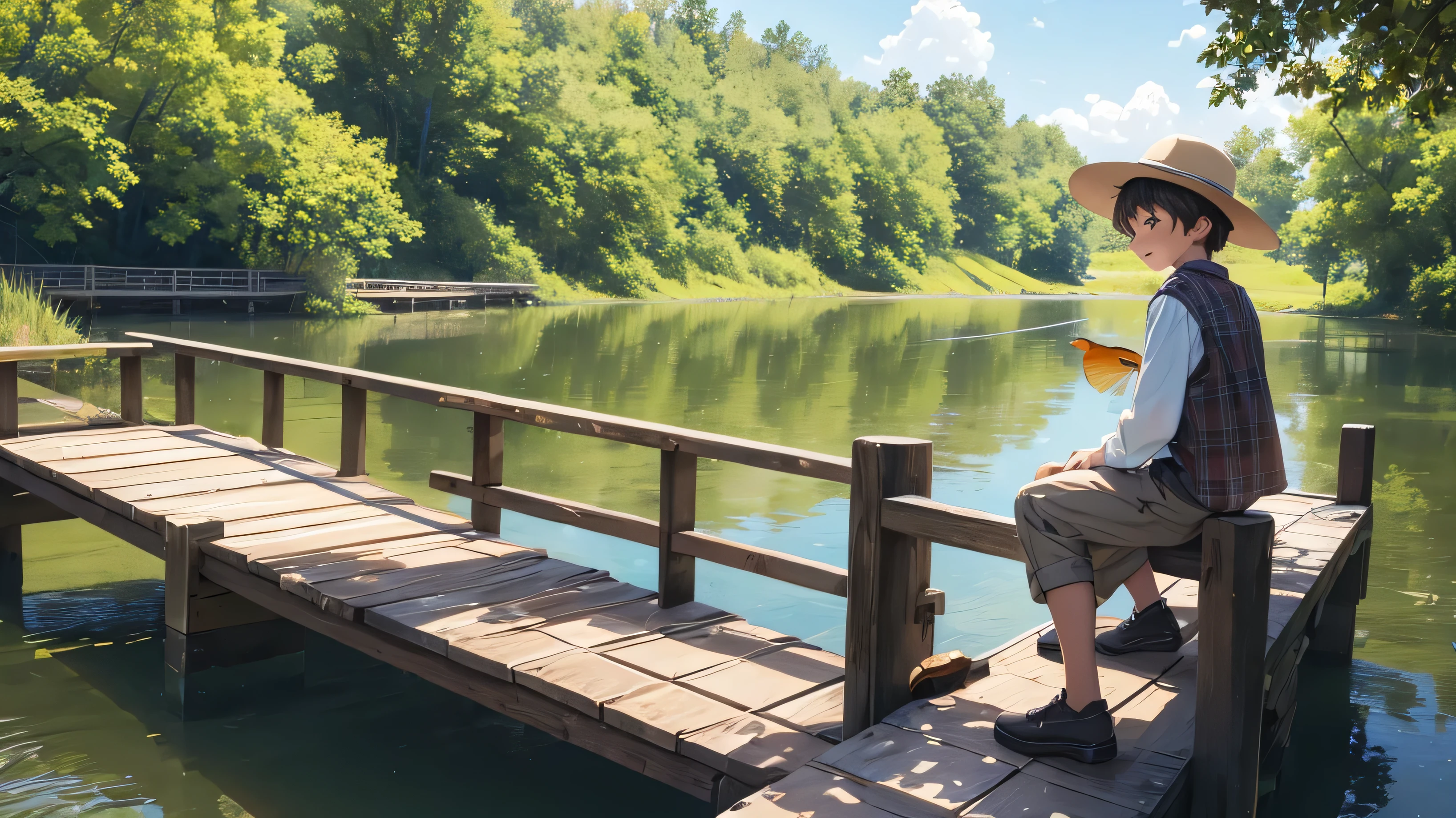 good-natured boy in a hat, sits on a wooden bridge, catches fish, hat, boy on the bridge, catches fish
