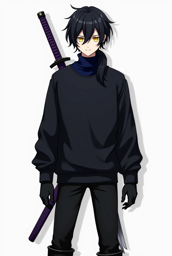 A age male character with long, short black hair, with the hair covering just a little on the right side of the eye and with a slightly large ponytail, with big yellow eyes, with thick black sweatshirt with dark blue turtleneck shirt, black pants and black men's boots, with black gloves, and with 1 purple sheathed Katana on the back.