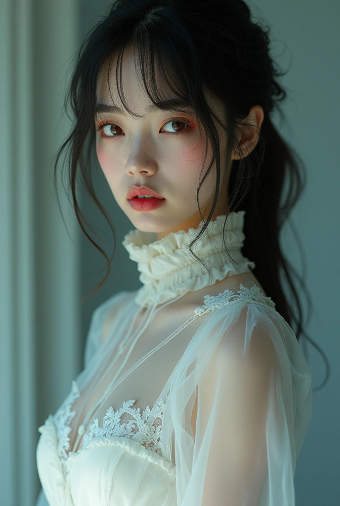 masterpiece, best quality:1.3, 1 woman, white dress, long sleeves, detailed face, red eyes, beautiful and delicate lips, long eyelashes, delicate facial features, A face full of expression, Detailed skin texture, Moonlight Lighting, vivid colors, movie lights, soft focus, Transparent PVC clothing,Transparent vinyl clothing,whole body,lump of defects}On the face,film grain,lens_flare,fancy,chromatic aberration,Expressing intense emotions:death,Glichart,very detailed,Very delicate and beautiful,albumcover,album,albumdescription,PixilationOn the face,double exposure,