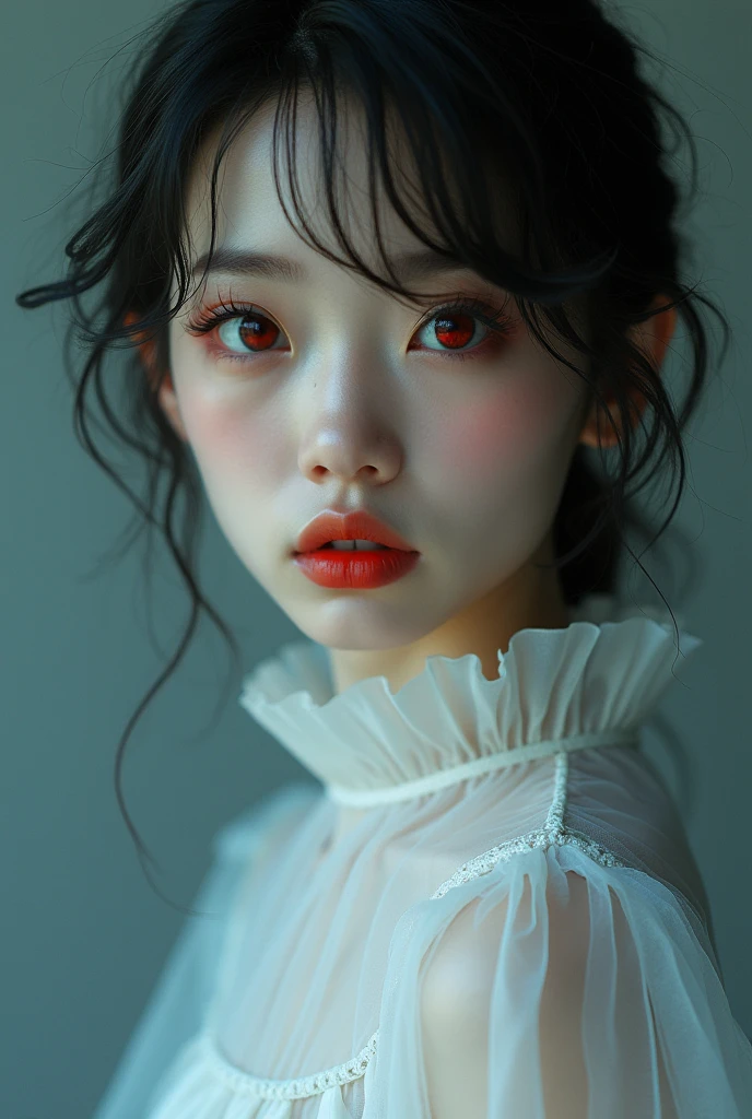 masterpiece, best quality:1.3, 1 woman, white dress, long sleeves, detailed face, red eyes, beautiful and delicate lips, long eyelashes, delicate facial features, A face full of expression, Detailed skin texture, Moonlight Lighting, vivid colors, movie lights, soft focus, Transparent PVC clothing,Transparent vinyl clothing,whole body,lump of defects}On the face,film grain,lens_flare,fancy,chromatic aberration,Expressing intense emotions:death,Glichart,very detailed,Very delicate and beautiful,albumcover,album,albumdescription,PixilationOn the face,double exposure,