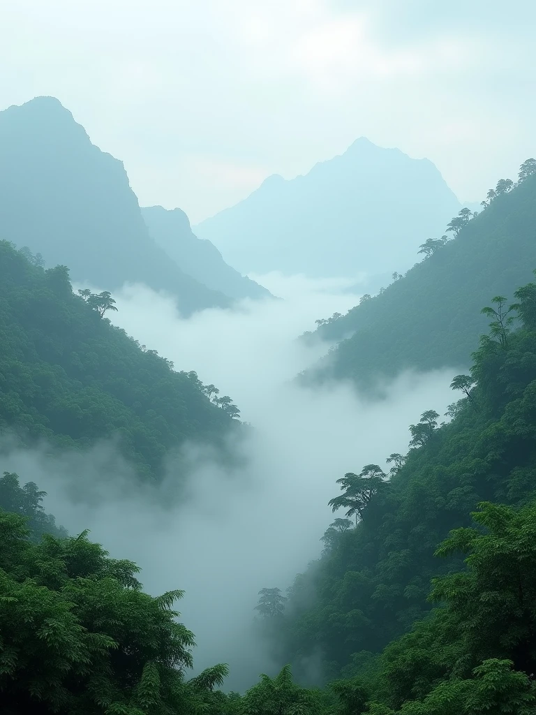 Experience the serene ambiance of a lush, foggy mountain landscape in the heart of the monsoon season, brought to life with breathtaking Ultra HD clarity.