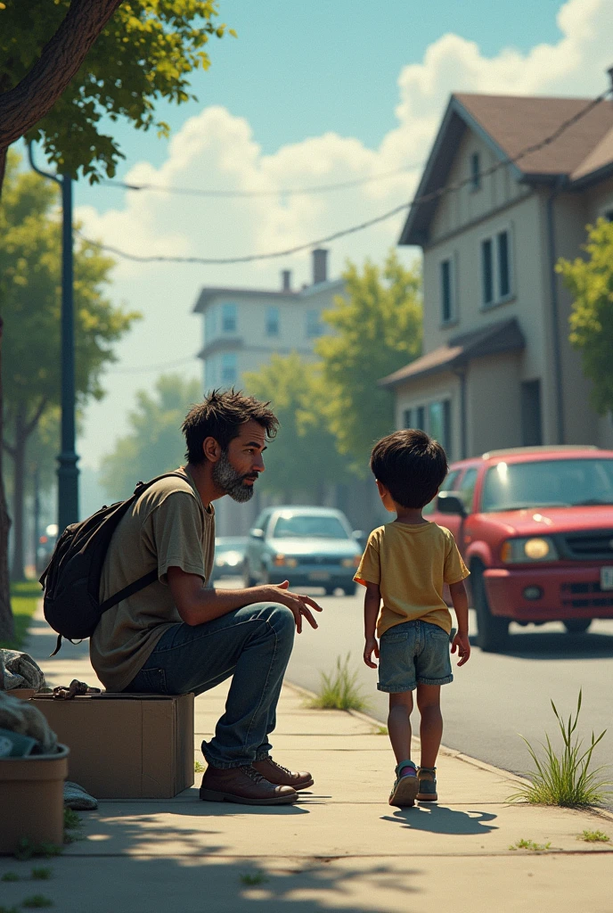 Image of a child on the street outside his house walking towards her with a homeless man asking for help or money
