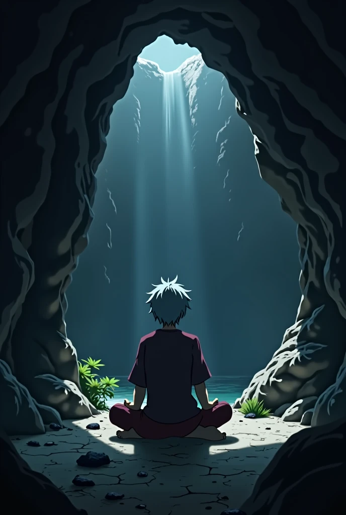 Sakata Gintoki,Being in a cave to do meditation exercises to keep his mind away from the bad things that happen in the world, with a quiet, calm and dark atmosphere.