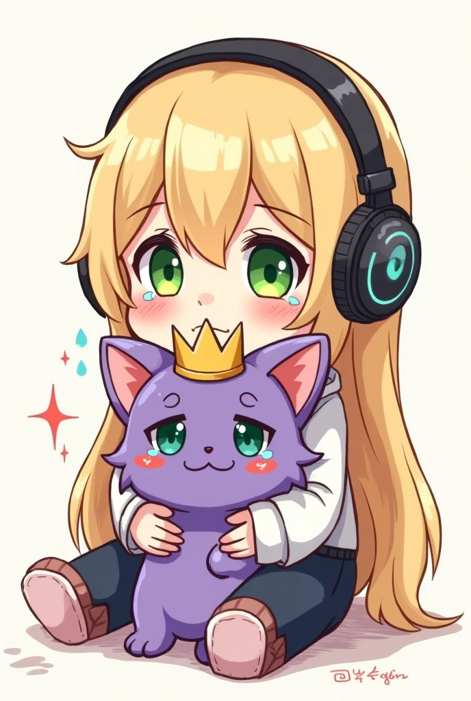 CHIBI BLONDE AUX CHEVEUX LONG AUX YEUX VERT QUI EST EN TRISTE ET QUI PLEURE ET QUI AS UN CASQUE GAMING SUR LA TETE ET QUI PORTE DANS SES MAINS UNE PELUCHE D UN PETIT CHAT VIOLET AVEC DES SUPER POUVOIRS QUI AS SUR LA TETE UNE COURONNE DORE LE DESSIN DOIT ETRE EN MODE DESSIN