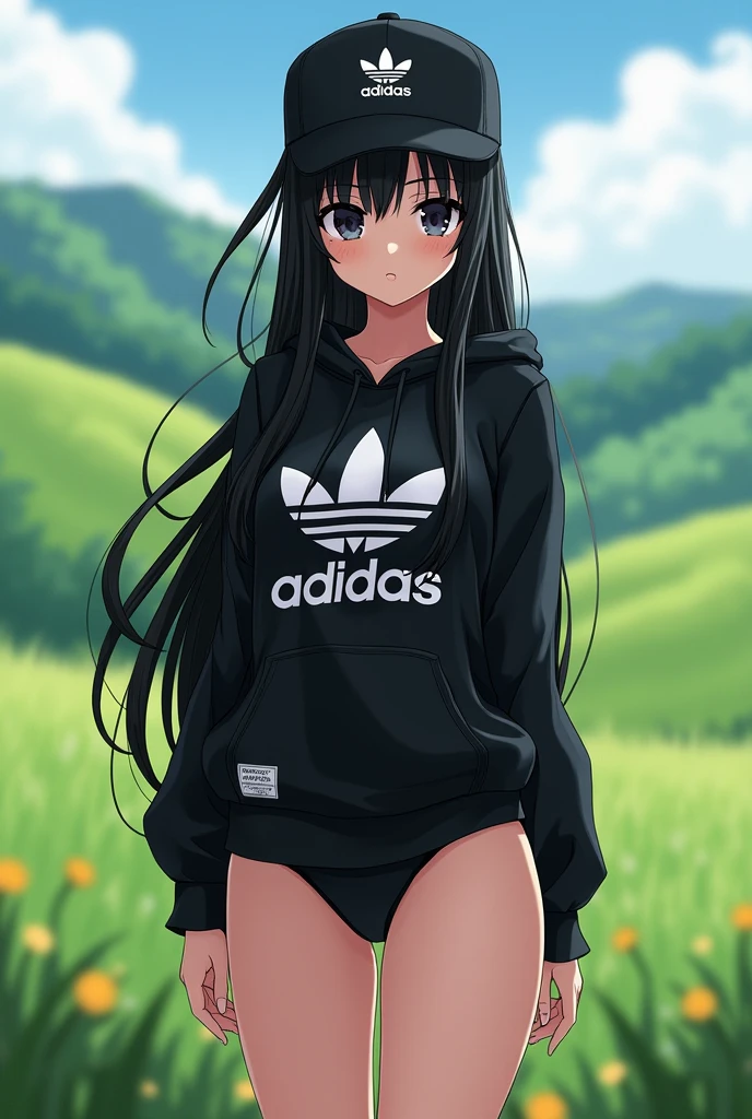 Sexy anime girl, long black hair, black eyes, barefoot, wear black adidas cap, wear black adidas hood, wear black panties, background is countryside