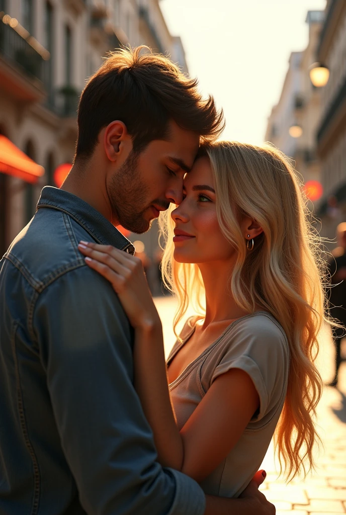 A couple he brown hair and eyes she blonde long hair green eyes hugging in Madrid 8k ultrarealistic photorealistic