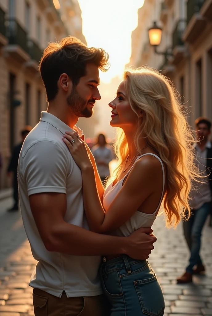 A couple he brown hair and eyes she blonde long hair green eyes hugging in Madrid 8k ultrarealistic photorealistic 