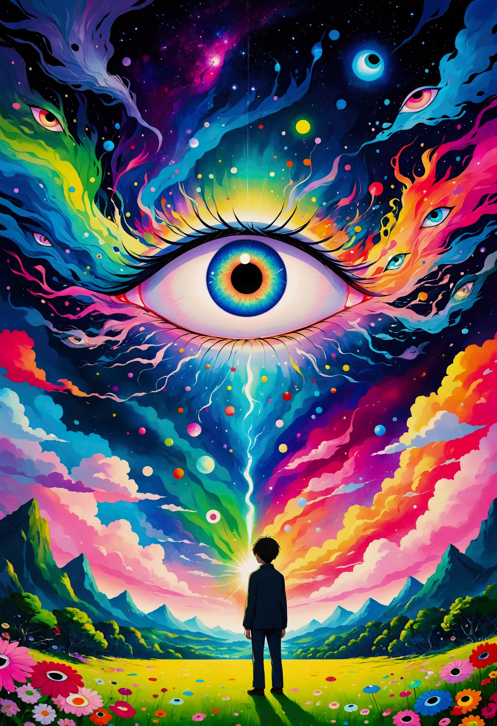 The painting shows a man standing in front of a colorful eye, Illustration of Murakami Chemical, pixiv, Concept Art, Fantasy psychedelic anime, Color illustrations, Psychedelic illustration, Look into my eyes, Blurred dreamy illustration, human eyes, Blurred dream illustration, an eye, No Eyes, Keep your eyes open, Eye of the Universe