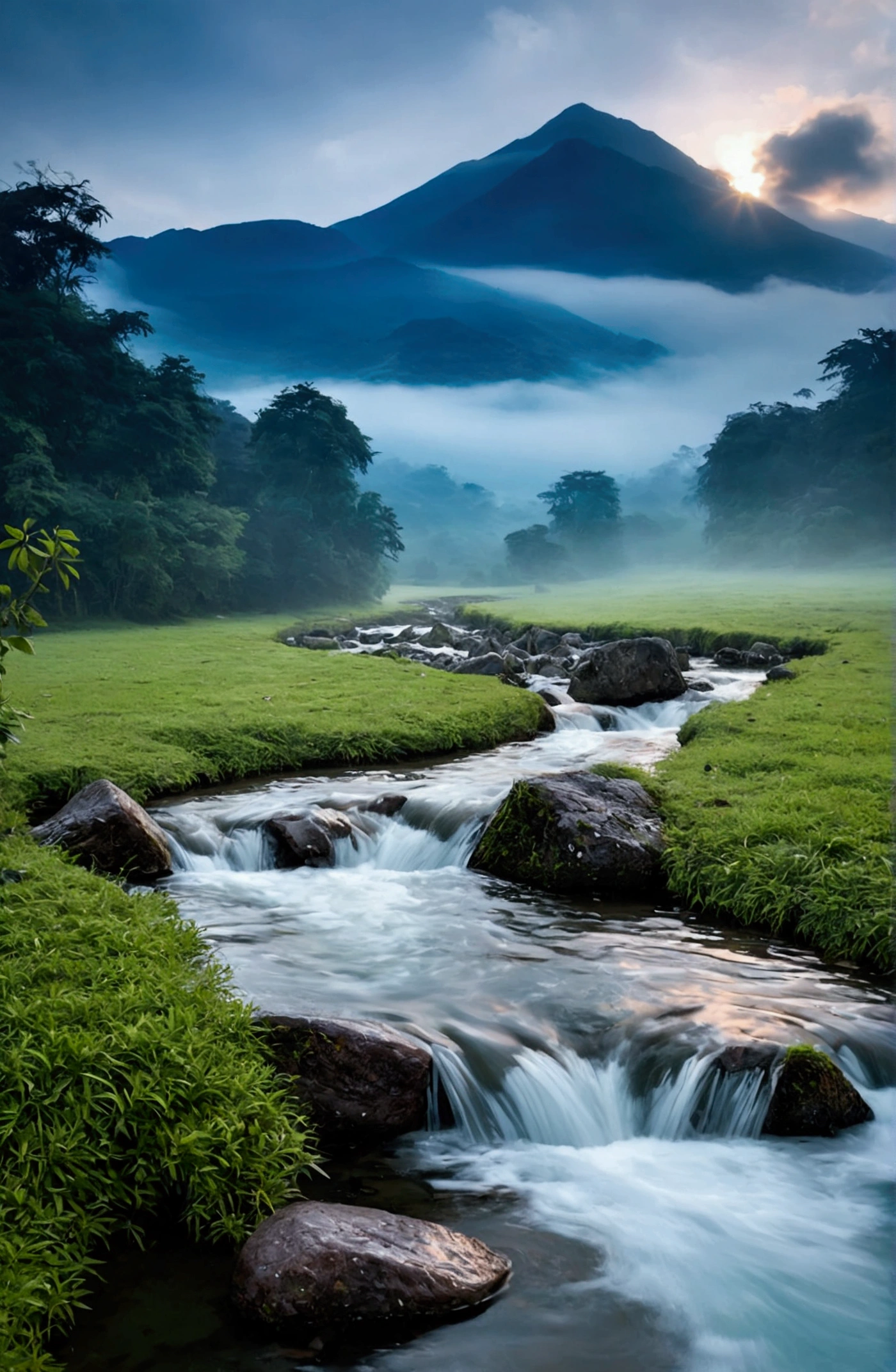 stream，Behind is the mountain,Clouds and mist