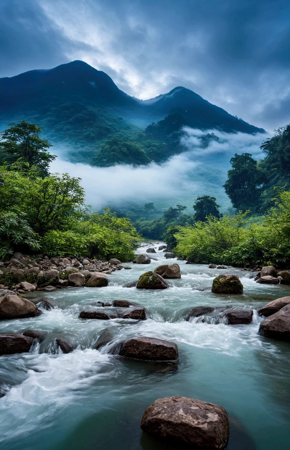 stream,Behind is the mountain,Clouds and mist