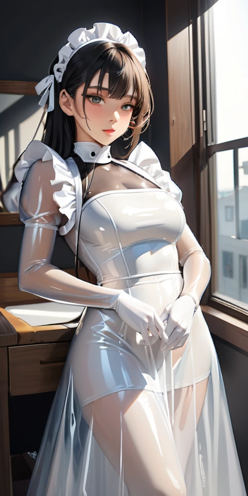 Portraiture、(masterpiece,Highest quality,Ultra-high resolution),Japanese women, (((Very beautiful 2 girl))),(White latex maid outfit)、(White see-through transparent latex long skirt)、(A long-sleeved latex shirt that covers the upper body)、White latex gloves、White latex socks、White latex bodysuit、Frills、The clothes fit snugly to the body、Latex is very shiny、Dark Room、