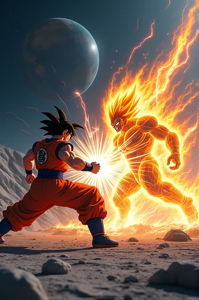 Angry goku with full power killing beerus on moon 
