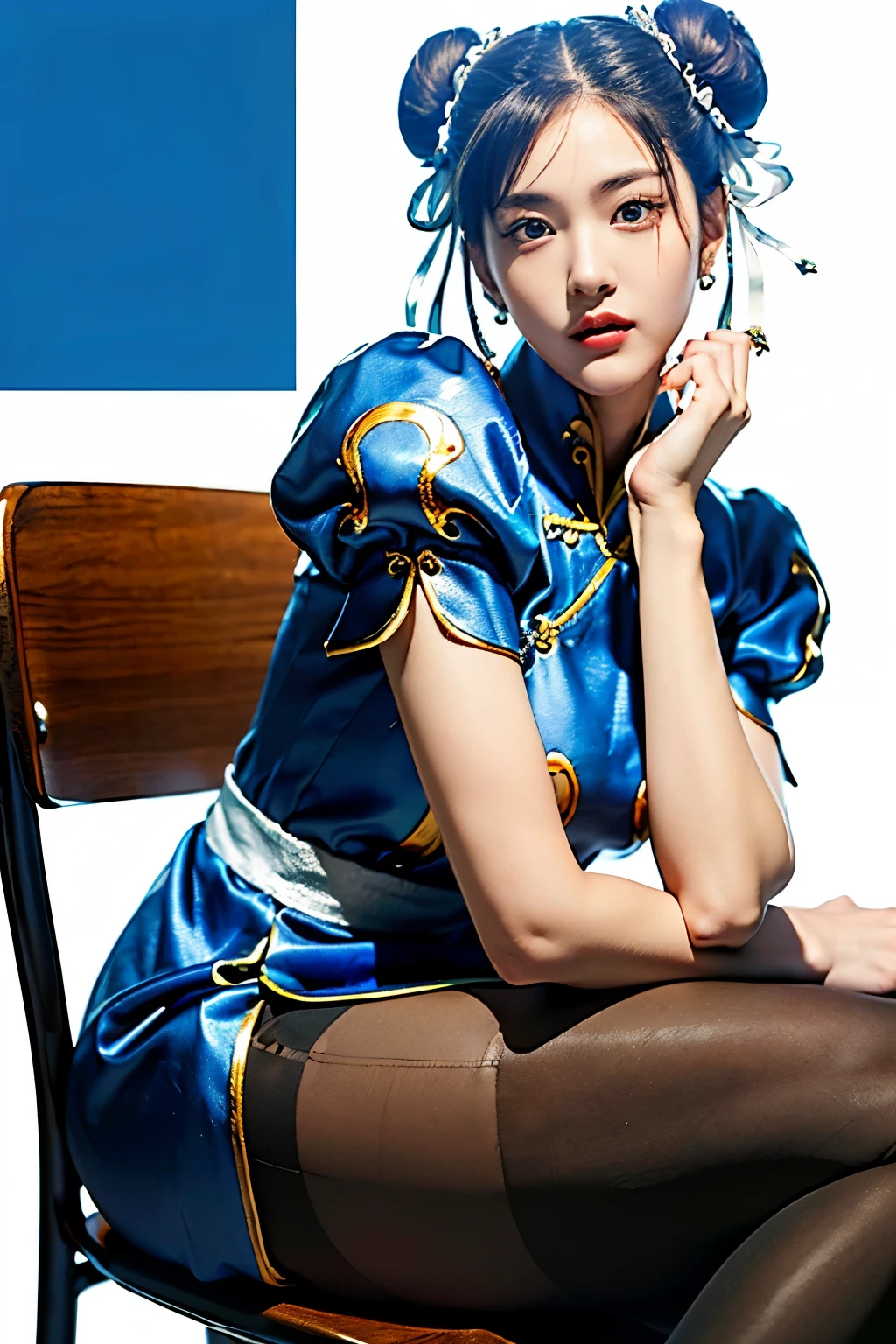 (Chun-Li from Street Fight II:1.2,perfect chun li costume:1.2,Blue cheongsam with gold lines:1.2,Bun head:1.2,bun cover:1.2,sexy pose:1.2,masterpiece:1.2、1 beautiful girl:1.2、fine eyes:1.2、puffy eyes:1.2、highest quality:1.2, 超High resolution:1.2, (reality: 1.4), movie lighting:1.2、Japanese:1.2、asian beauty:1.2、Korean:1.2、super beautiful:1.2、beautiful skin:1.2、body facing forward:1.2、(Full body:1.2,sitting:1.2,chair:1.2,legs togehter:1.2)、(超reality的な:1.2)、(High resolution:1.2)、(8k:1.2)、(very detailed:1.2)、(美しくfine eyes:1.2)、(Super detailed:1.2)、 (simple background:1.2)、detailed face:1.2、bright lighting:1.2、professional lighting:1.2、looking at the viewer:1.2、look straight ahead:1.2、slanted bangs:1.2、Nogizaka Idol:1.2、korean idol:1.2、masterpiece:1.2, highest quality:1.2, masterpiece:1.2, highest quality:1.2, perfect face:1.2, perfect brown eyes with white sclera:1.2, bad move-5:1.2, alone:1.2, 1 girl:1.2, brown hair:1.2, From SF2:1.2, Chinese service:1.2, muscular woman:1.2, blue clothes:1.2, pantyhose:1.2, pelvic curtain:1.2, Puffy short sleeves:1.2, Good cover:1.2, sash:1.2,beautiful calves:1.2,white boots:1.2),