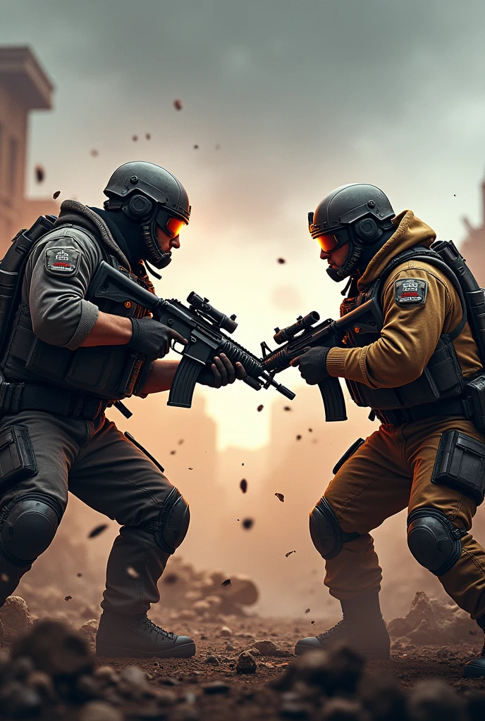 Free fire game player vs player with war background and make 2 man like game characters
with guns in thier hand seeing each other add BB ABBU AND BB CLON IN TEXT youtube thumbnail for 4 million + views
