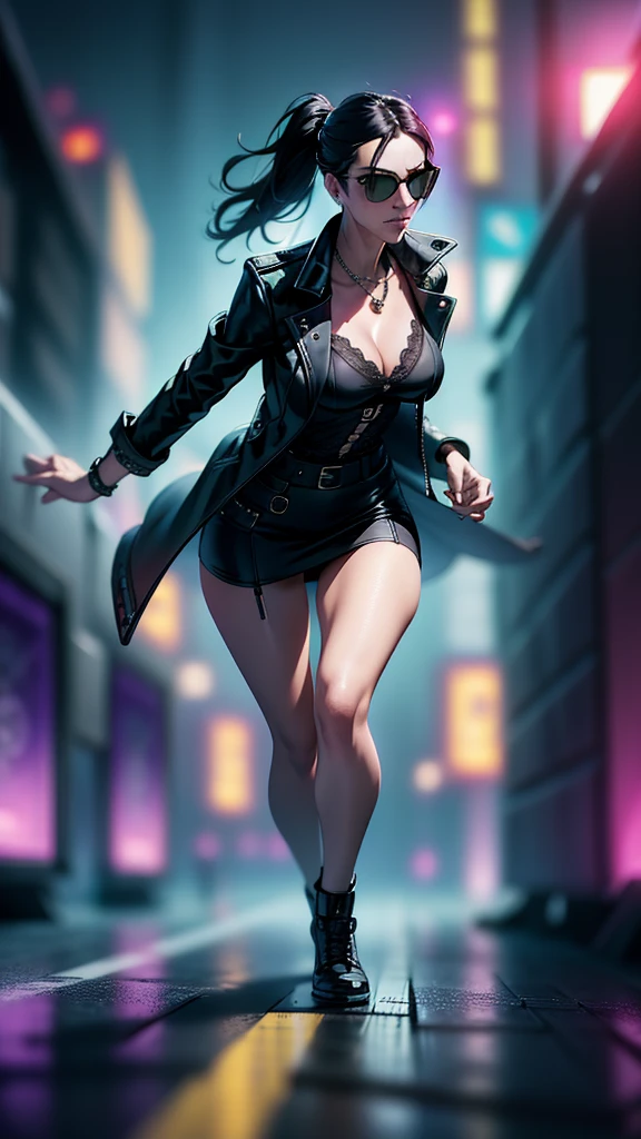 cyberpunk-style city with a nocturnal vibe with Matrix-like aesthetic references, glowing huge clock tower as time machine, green glowing cascading code. At night, (1girl, solo, alone), photorealistic, medium-breast slim:0.6 body, oval:0.5 face, cleavage:1.1, sexy black laced bra, miniskirt, white laced panty, coat, (black micro sunglasses), (holding a short gun), (slightly leaning forward running pose), ((half-body thigh level medium shot)), cinematic lighting, ray tracing, radial zoom blurred background.