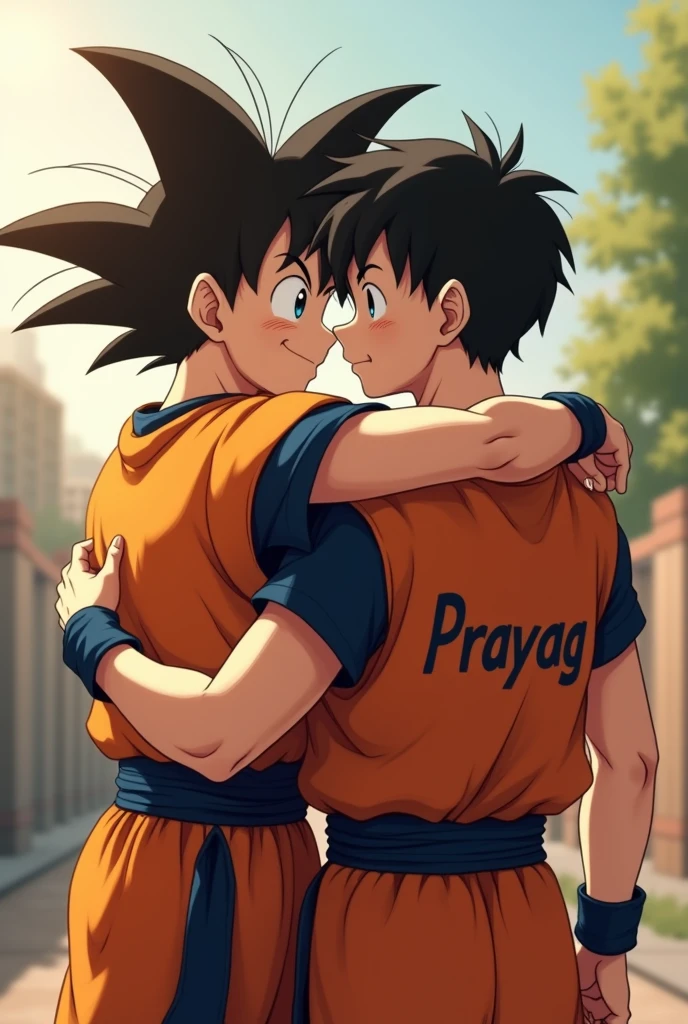 Ek ladka jiski t shirt ke picche (PRAYAG) Naam likha he or Goku us ladke se gale mil raha he