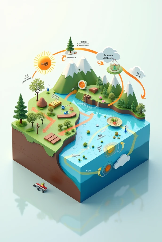 A 2D model of nutrient cycle, water cycle and carbon cycle