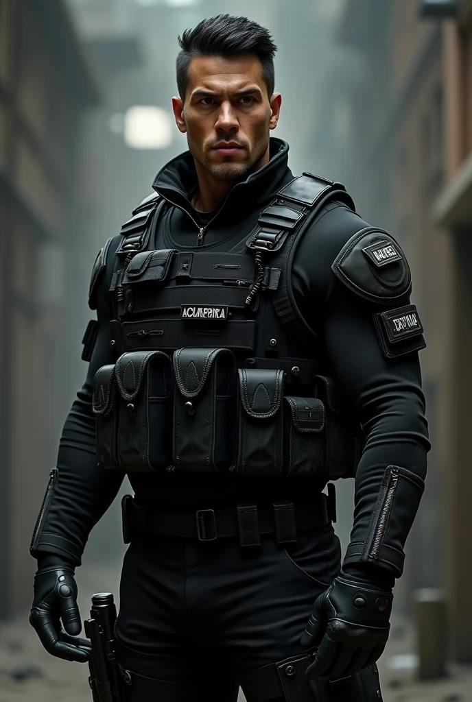 Create a single man, 2, black hair, black eyes, tanned skin, muscular, delgado, dressed in a well-equipped black combat suit