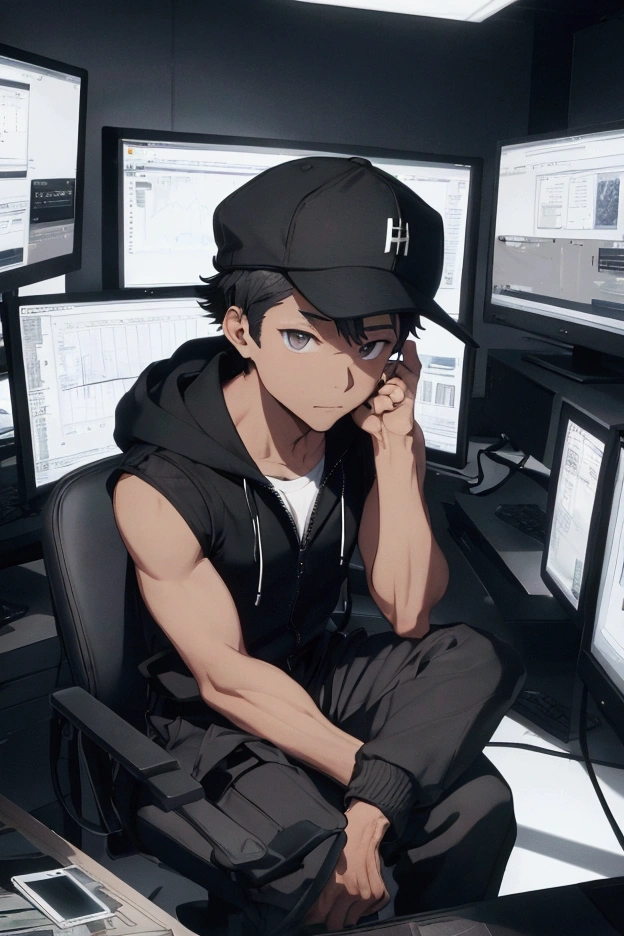 a young man with light skin, sitting in a modern office chair. He is wearing a black cap, sleeveless hoodie, cargo pants, and sneakers. The man is holding a stack of cash close to his face and smelling it, with more cash scattered on the floor and in a box beside him. The background includes a desk with two large monitors displaying stock market charts. The overall color scheme is dark and monochromatic, with a focus on black and grey tones. The image conveys a sense of financial success and modern, tech-savvy lifestyle.