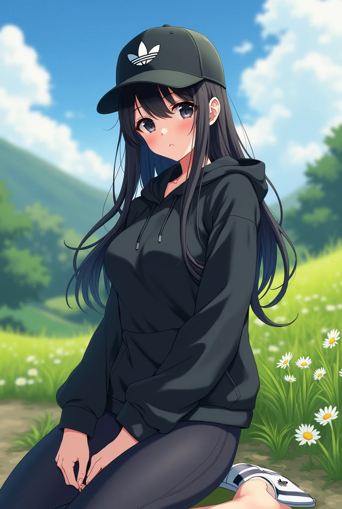 sexy anime girl, long black hair, wear black adidas striped slippers white and black, black eyes, barefoot, wear black adidas cap, wear black adidas hood, wear black adidas hot pants, background is countryside
