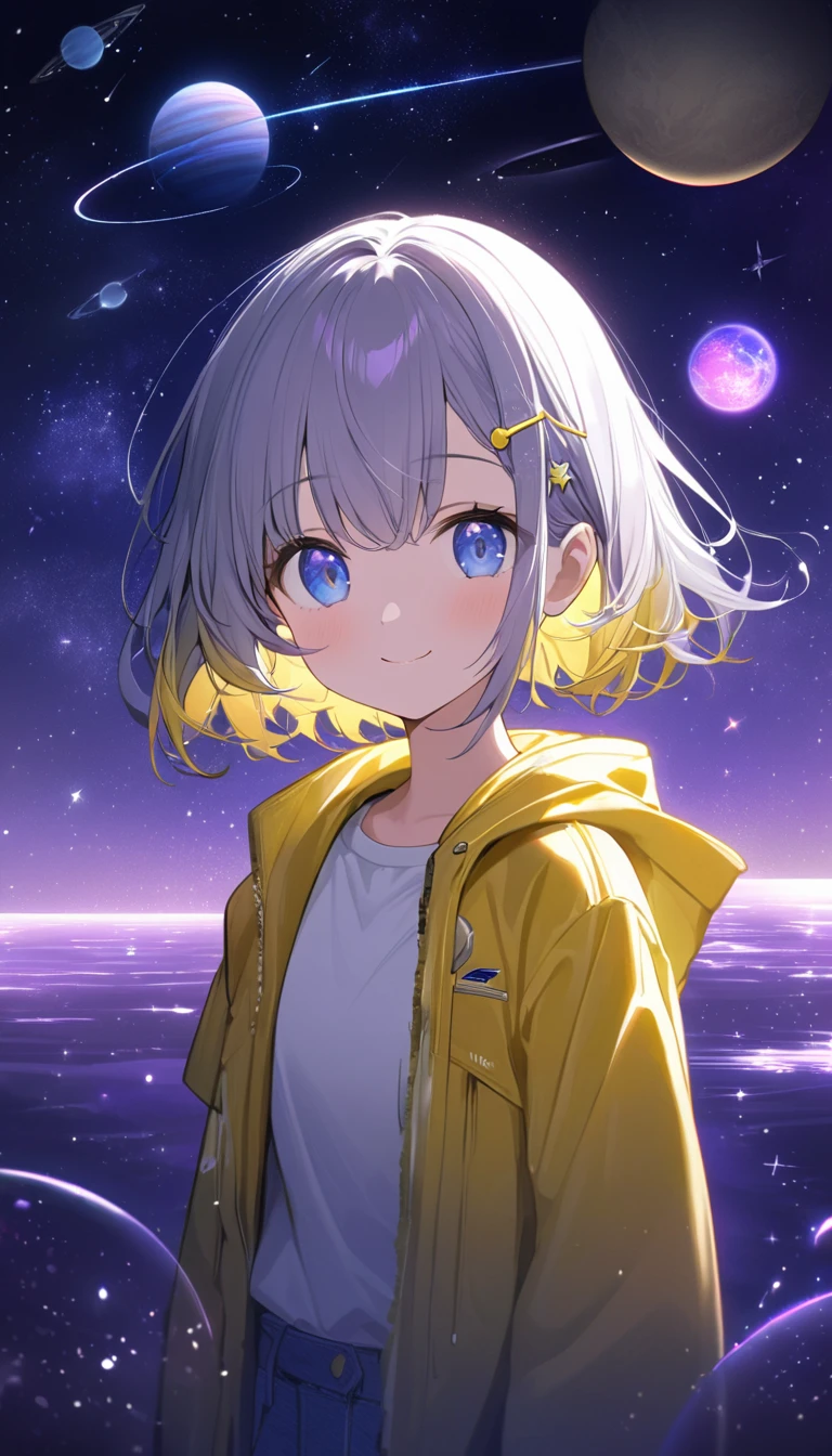 standing in front of a lake with a space theme, primarily in purple and white colors. The background should feature glowing stars, constellations, and comets scattered across the sky. Include a large, ringed planet in the lower left corner, with smaller planets and star-shaped accents throughout the scene. Add subtle nebula clouds and a gradient from dark purple to lighter shades, creating depth and a sense of vast space., Silver bob hair with golden inner color and blue eyes、Plain yellow jacket and white T-shirt、A cute character wearing light denim。There is a yellow hairpin in her hair.、smile。Light up your face in a dimly lit atmosphere。Emotional atmosphere。Upper body close-up。front。