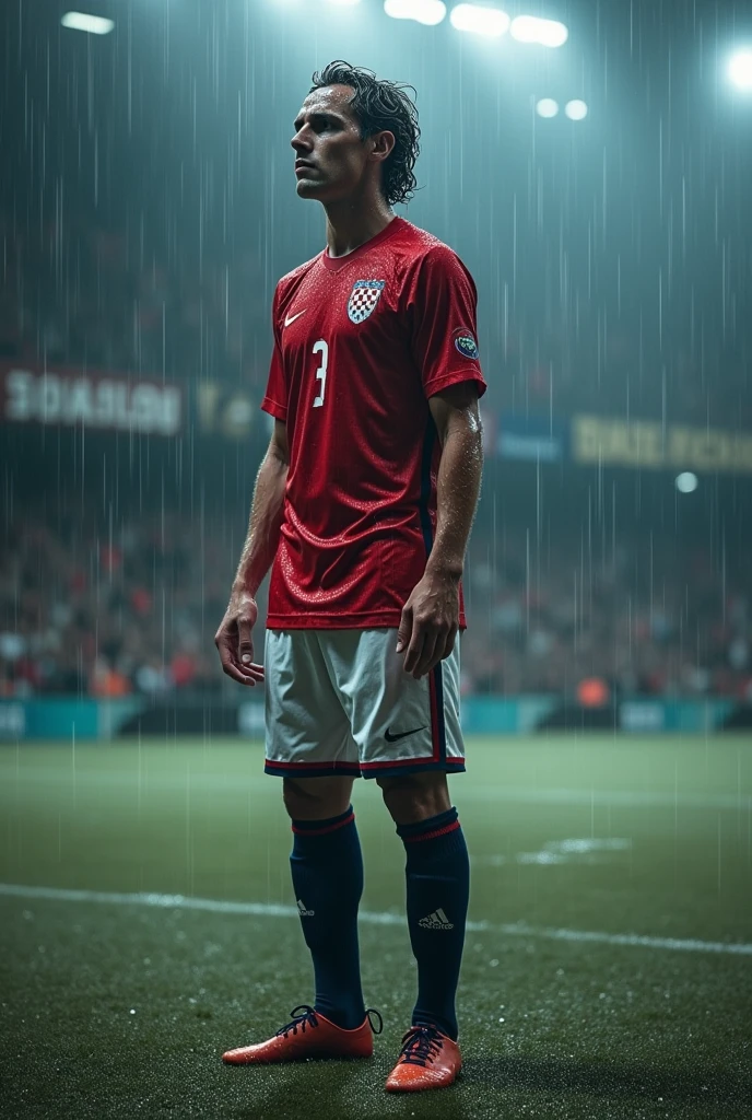 Luka Modric standing in completely wet soccerclothes in the heavy rain on the soccerfield. His clothes are completely soaked and water flows over them