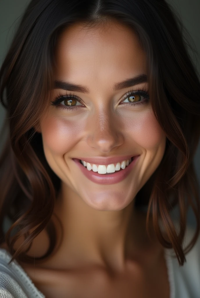 beautiful lady, slight freckles, dark makeup, brune, big smile,hyperdetailed photography, soft light, full head and shoulders portrait, cover