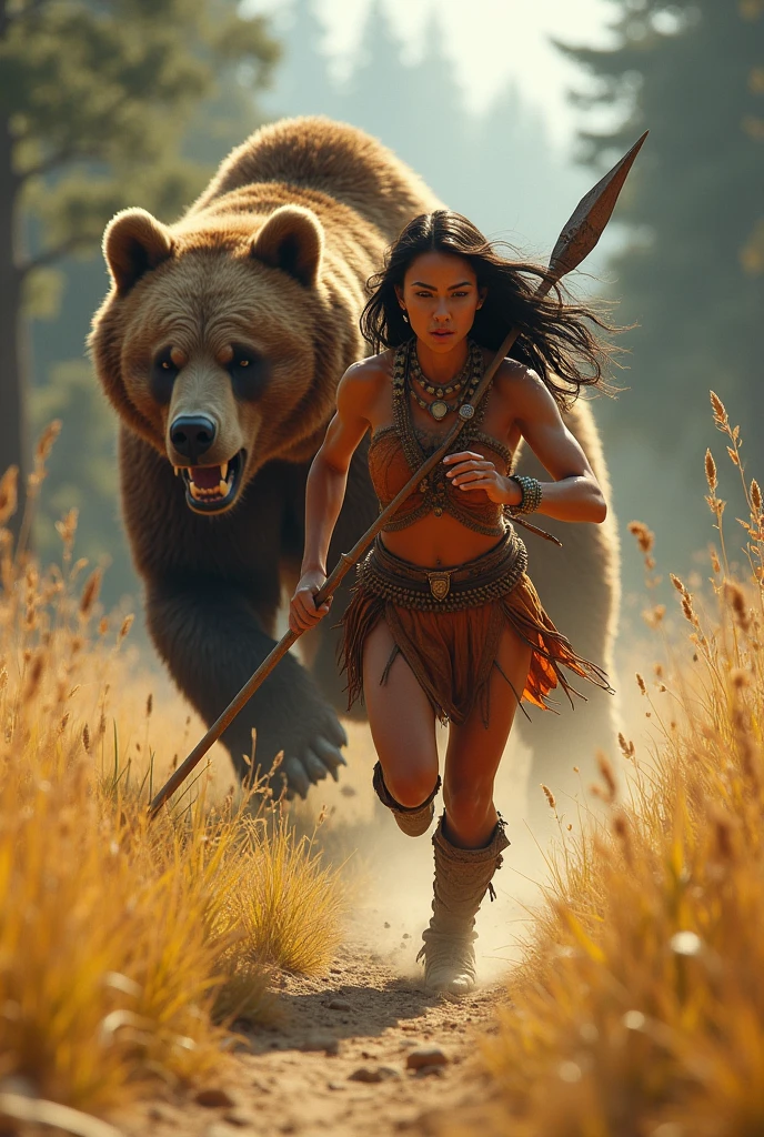 A fierce-looking woman, dressed in tribal attire, sprints through tall grass while holding a spear. Behind her, a large, growling bear charges forward, its mouth open and teeth bared. The setting is a dynamic, outdoor arena filled with golden grass and subtle hints of a forest backdrop, conveying a sense of imminent danger and action.