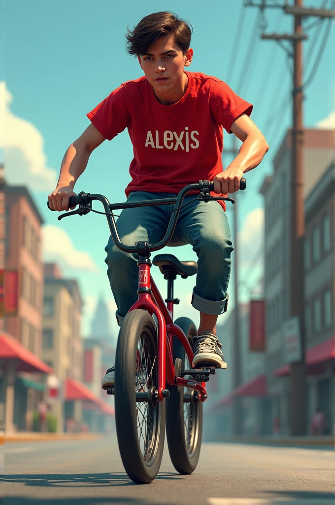 human on a BMX with a red written t-shirt Alexis