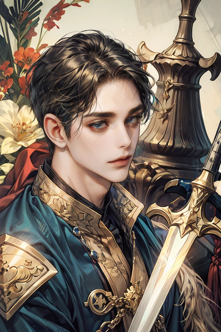 Secondary element，The style of animation，person（male warrior），The ratio is correct，Face Details，swordsman，Neck detail，There&#39;s an Adam&#39;s apple there.，blue suit，grap，Long blue gown，clothes details，India，long sleeves，game quality，fencing，Light and Shadow Tracing，ray tracing，Detailed light，CG Rendering，head detail，Black hair，blue colored eyes，amazing，amazing，（Young sense），Complex clothing，forest，night，starry，perfect composition，refine，high quality，More details，many fine details，Background complex，Atmospheric feeling，