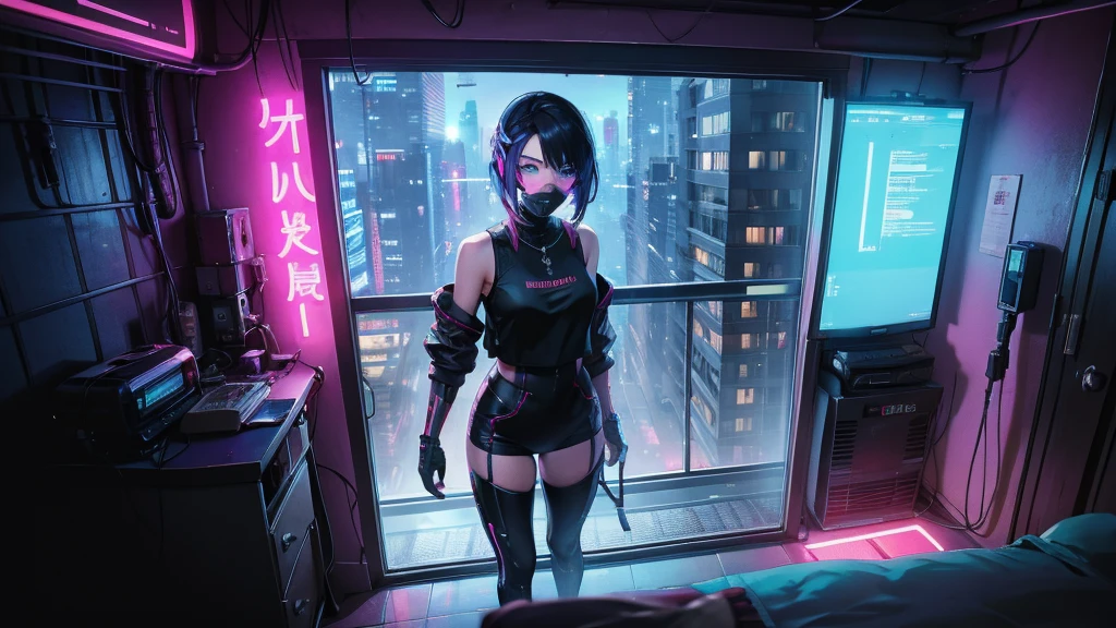 One person, alone, mask, Landscape,View your viewers,Looking out the window,Stand at the edge of the room,cyber punkシティの夜,Relax in a modest bed,Edge of the screen,Short Hair,, whole body, Black Hair, mouth mask, Holding, blue eyes, Tank top, A spacious room for a single person with large windows covering every wall, , Halftone, cable,Neon Light,(cyber punk:1.2),
