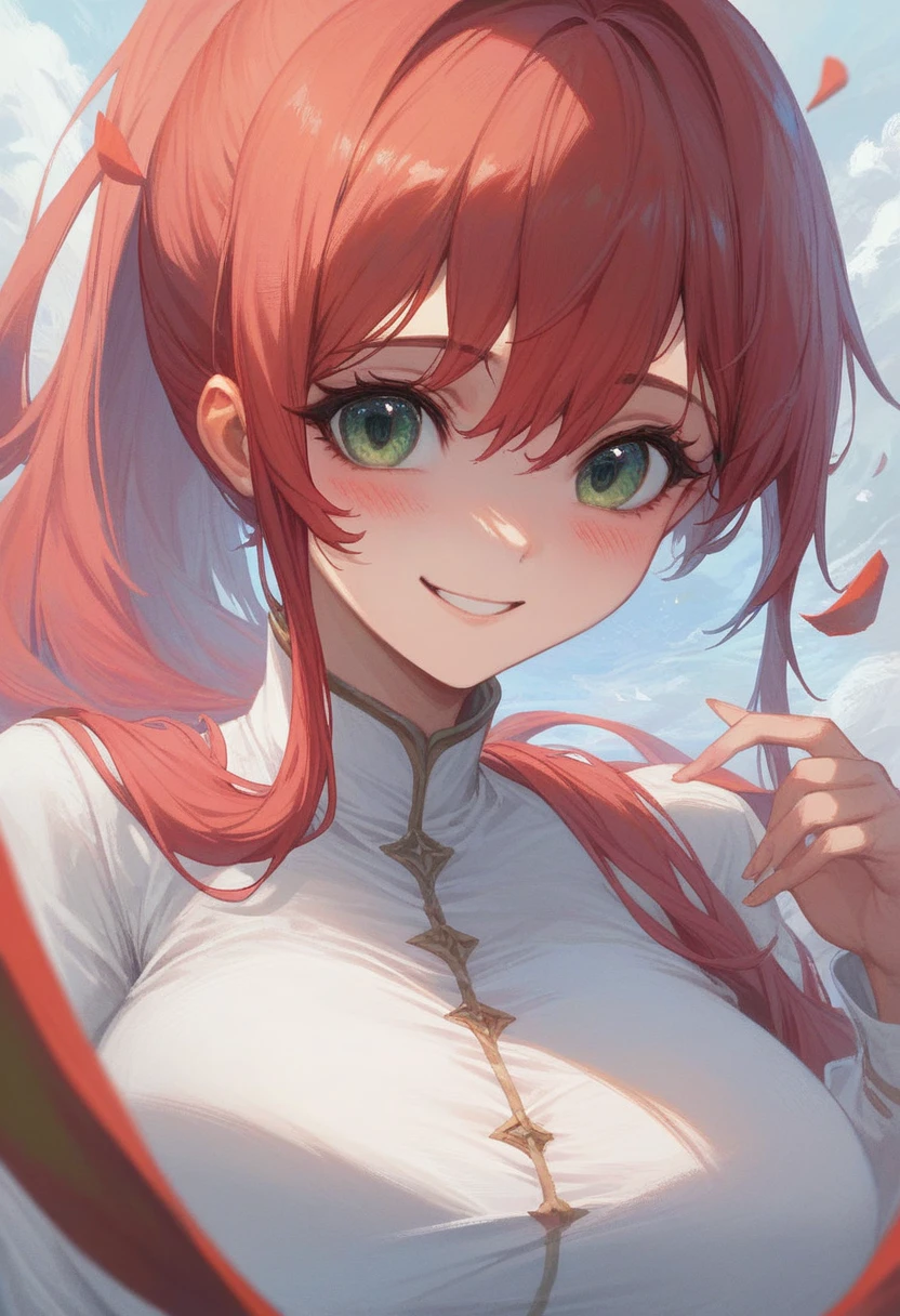 ((Tabletop, Highest quality, High resolution, Hmph, Pixel perfect, Depth of written boundary, 4K, )), One Girl, alone, upon, Beautiful Anime, Beautiful art style, 
close, View your viewers, 
Perfect body,  

Red hair, Long Ponytail, Green Eyes, Large Breasts, 

Blush all over face, smile, 

Happy, smile, Blushing, 
Pretty anime lady, cute,