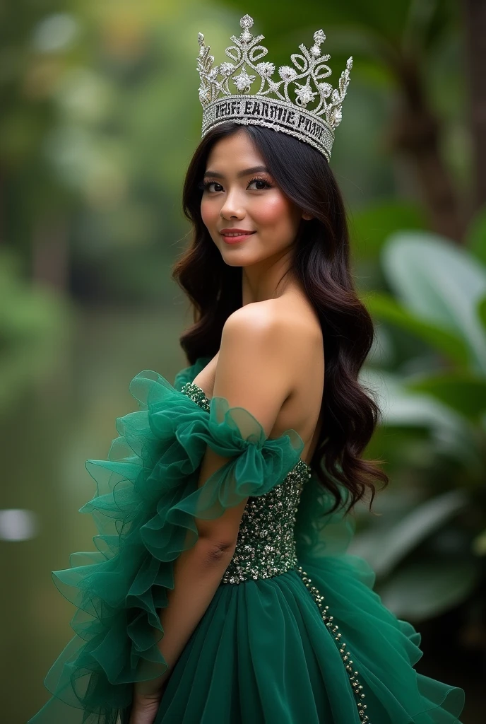 Create a shoot of Miss Earth Indonesia with her crown in green gown