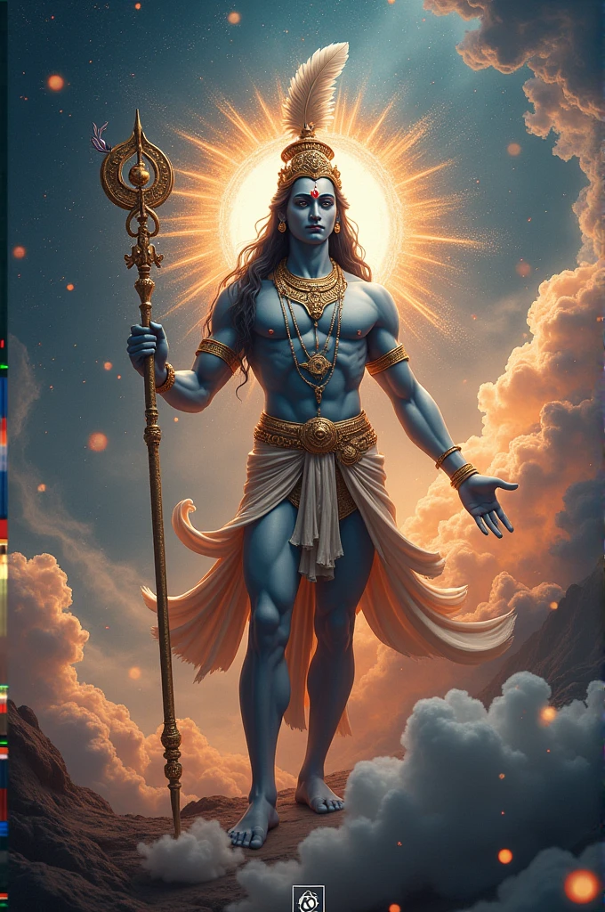 I want similar image of lord Vishnu with Sudarshan chakra in hand and feather on crown in the form of galaxy universe