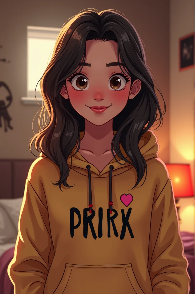 Create a girl wears hoodie written my boyfriend dudley