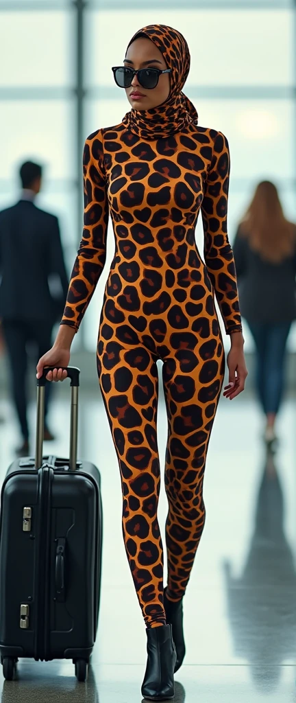 The most beautiful,most slender thin and most clever malaysian and asian muslimah adult feamle person with beautiful cheeks wears giraffe print lycra turtleneck unitard catsuit covered with spots and always wearing giraffe print lycra elastane stretchy dancewear hijab covered with spots.She is going to the airport.