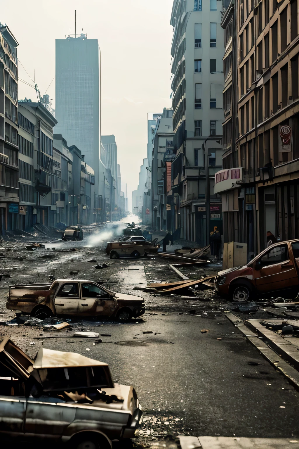 create a photorealistic cityscape in complete disaster, war and poverty show 80% destruction to the city, show beggers and prostitutes in the streets. Increase devastation and invoke emotions of fear. This should be the most fear invoking image that you can potentially create. Reiterate the image to ensure its the max possible fear inducing photorealistic image as possible fix this