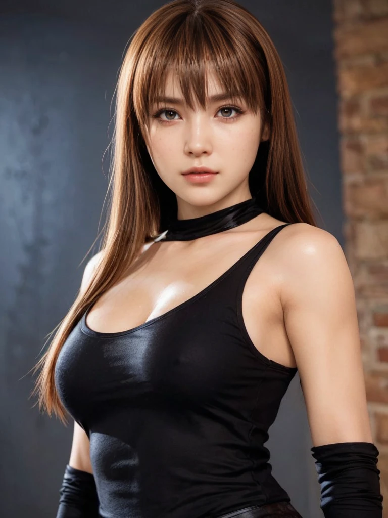 kasumi, eyes browns, (best qualityer, ultra detail), (realisitic:1.37), beautiful and detailed face, ultra-realisitic texture, Exquisite face, Delicate body, red lipgloss stick, shiny colors. High definition, 8k, angry expression