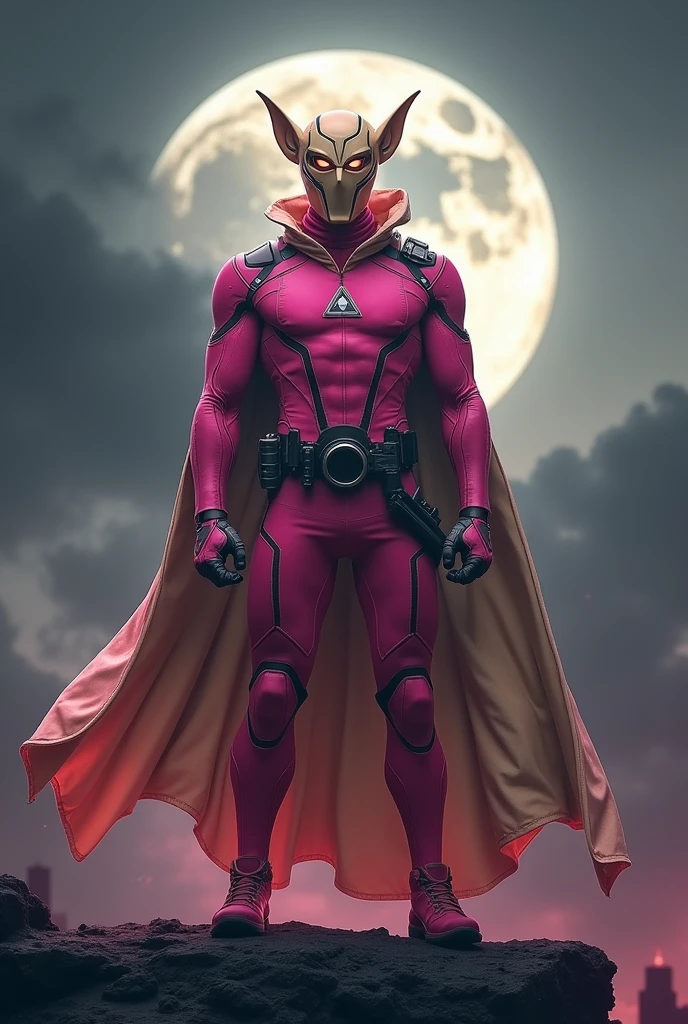 high-tech suit, vivid effects, malaysian superhero (KELUANG MAN) in a striking pink and beige costume cyberpunk design, mask small mini bat ear beige, daredevil biage mask, jumpsuit dark pink stands confidently in a dramatic, stormy landscape. ((Head covered node guard like batman , small mini ear bat mask))The character wears domino mask a helmet with pointed mini torn ears and a flowing cape biege, open nose and mouth. Equipped with visible futuristic weapons on a belt, dark day, dark night, big supermoon effect .logo on chest triangle shape small punisher logo center triangle cyber logo center on chest pink logo . rocky. Building top. , adding to --ar 3:4 --style raw --stylize 500 --v 6.1