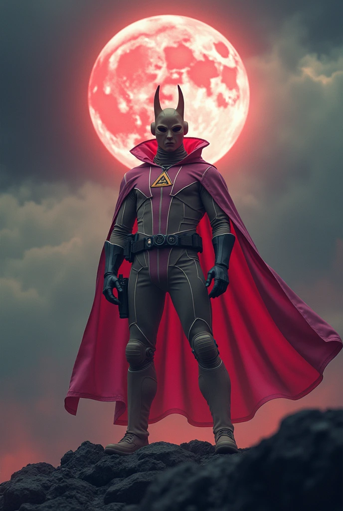 high-tech suit, vivid effects, malaysian superhero (KELUANG MAN) in a striking pink and beige costume cyberpunk design, mask small mini bat ear beige, daredevil biage mask white eyes, jumpsuit dark pink stands confidently in a dramatic, stormy landscape. ((Head covered node guard like batman , athletic body type, small mini ear bat mask))The character wears domino mask a helmet with pointed mini torn ears and a flowing cape biege, open nose and mouth. Equipped with visible futuristic weapons on a belt,bullet proof jacket pink dark day, dark night, big supermoon effect .logo on chest triangle shape small punisher logo center triangle cyber logo center on chest pink logo mini logo . rocky. Building top. , adding to --ar 3:4 --style raw --stylize 500 --v 6.1