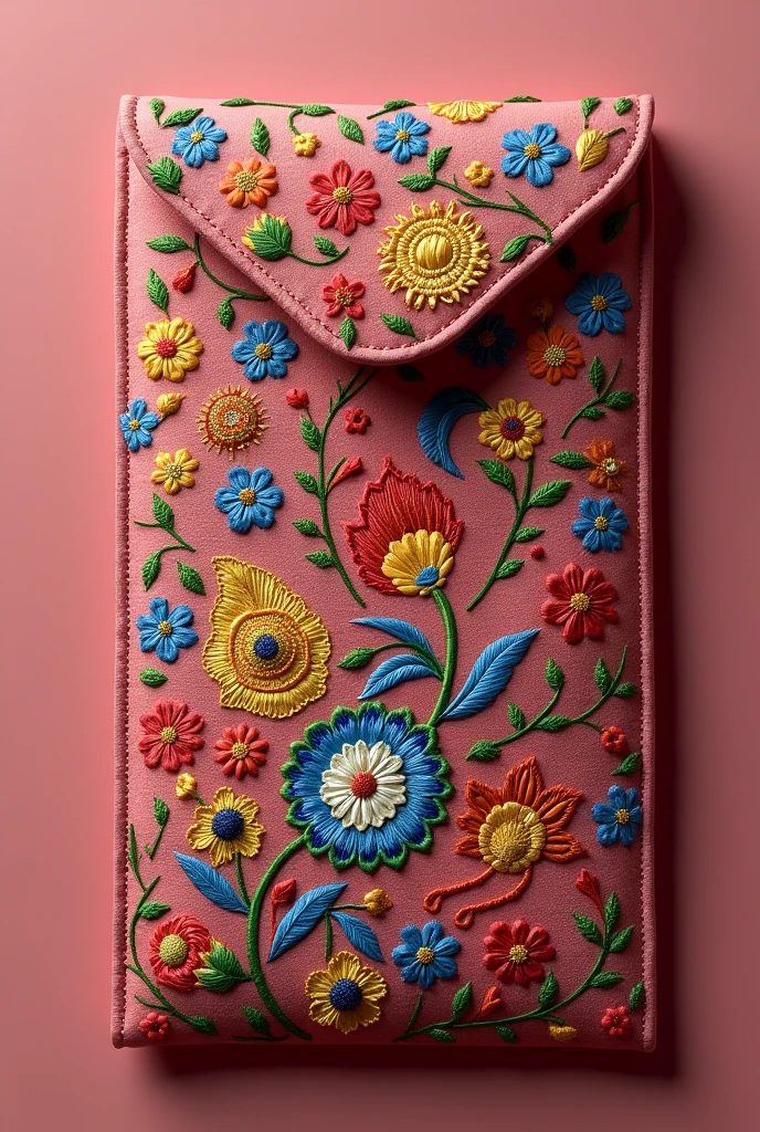 create an embroidered envelope for Pakistani wedding, should be colourful and aesthetic, targeting royal weddings, used for giving money so size should be 3 inch heighy and 7 inch length. Should be modern and design shoild be only front flat surface.