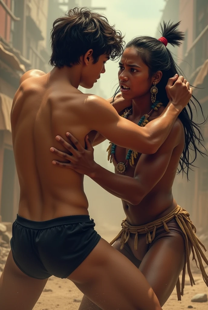American teenage boy shirtless wearing black underwear fighting with an indian boy and the indian loses
