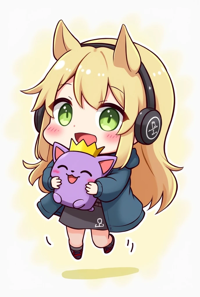 CHIBI BLONDE AUX CHEVEUX LONG AUX YEUX VERT QUI EST BEAUCOUP TROP CONTENTE ET QUI SAUTE DE JOIE ET QUI AS UN CASQUE GAMING SUR LA TETE ET QUI PORTE DANS SES MAINS UNE PELUCHE D UN PETIT CHAT VIOLET AVEC DES SUPER POUVOIRS QUI AS SUR LA TETE UNE COURONNE DORE LE DESSIN DOIT ETRE EN MODE DESSIN