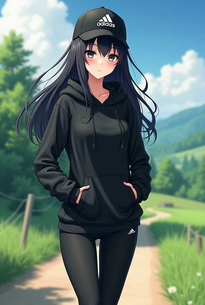 beautiful anime girl, black hair, wear black adidas slippers, black eyes, barefoot, wear black adidas cap, wear black adidas hood, wear black adidas leggings, background is countryside