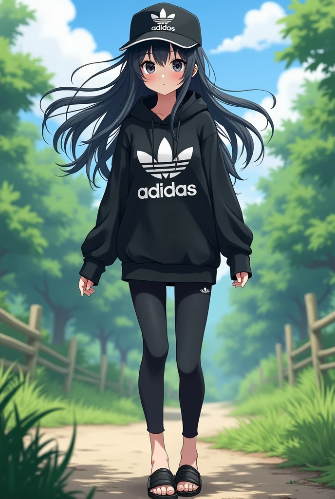 beautiful anime girl, black hair, wear black adidas slippers, black eyes, barefoot, wear black adidas cap, wear black adidas hood, wear black adidas leggings, background is countryside