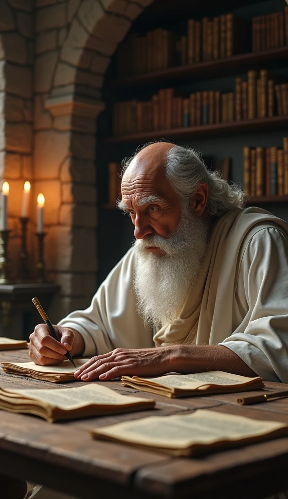 Close-up shot, Low angle shot, (Chrysippus “A wise, elderly man with a long, flowing white beard, full white hair and piercing eyes, dressed in a simple but elegant white toga”, leaning over a large wooden table filled with scrolls and parchment, his brow furrowed in concentration. His eyes are focused and intense as he writes furiously with a quill, the candlelight flickering and casting shadows on his face. The room is dimly lit, with stone walls and shelves filled with ancient texts, creating an atmosphere of intellectual pursuit and deep contemplation.) unreal engine, cinematic, hyper-real, highly detailed, Ultra realistic HD --q 2 --v 6.1 --ar 9:16