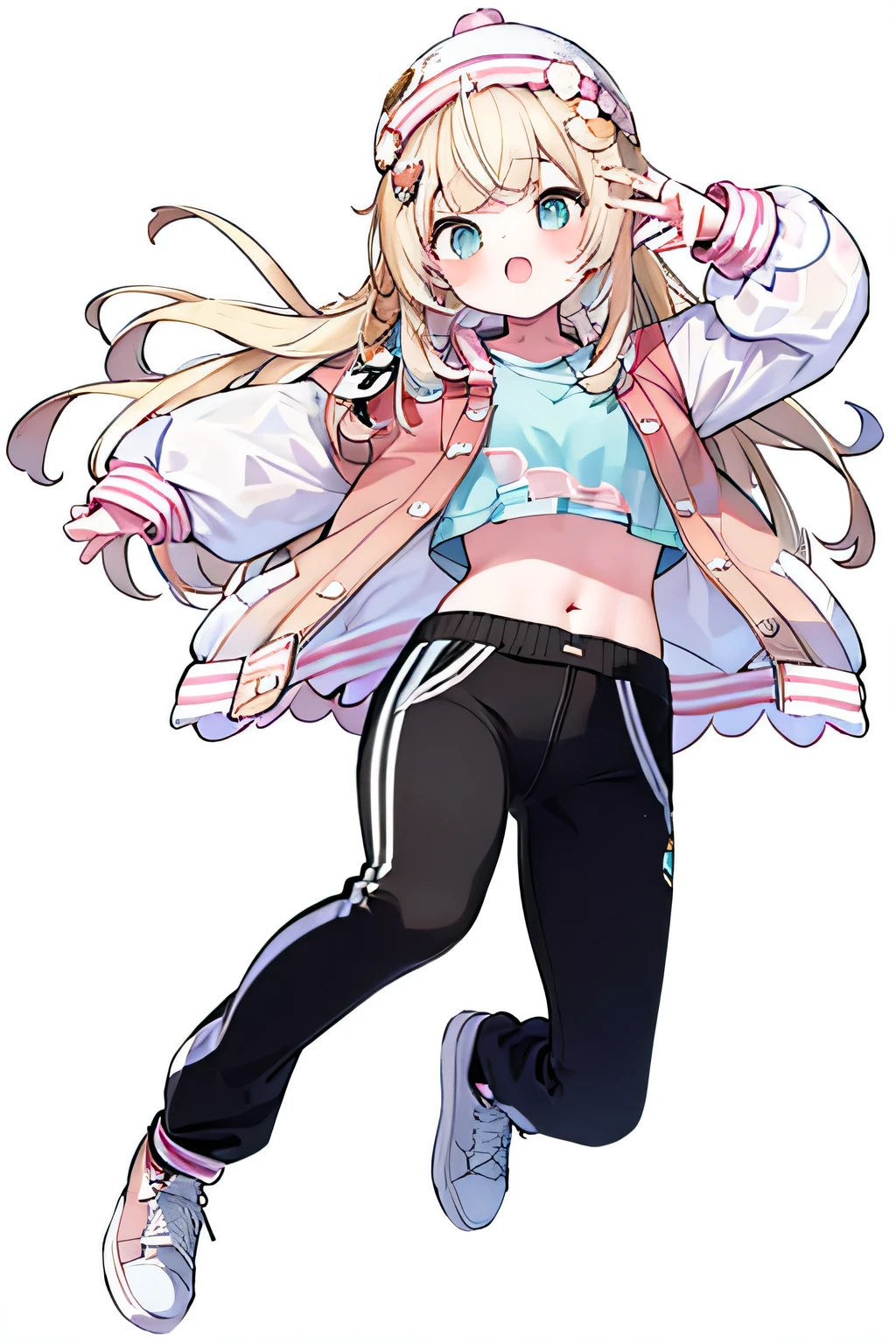 pink letterman jacket, black long pants, full body, high quality, run way, White background, Belly button,