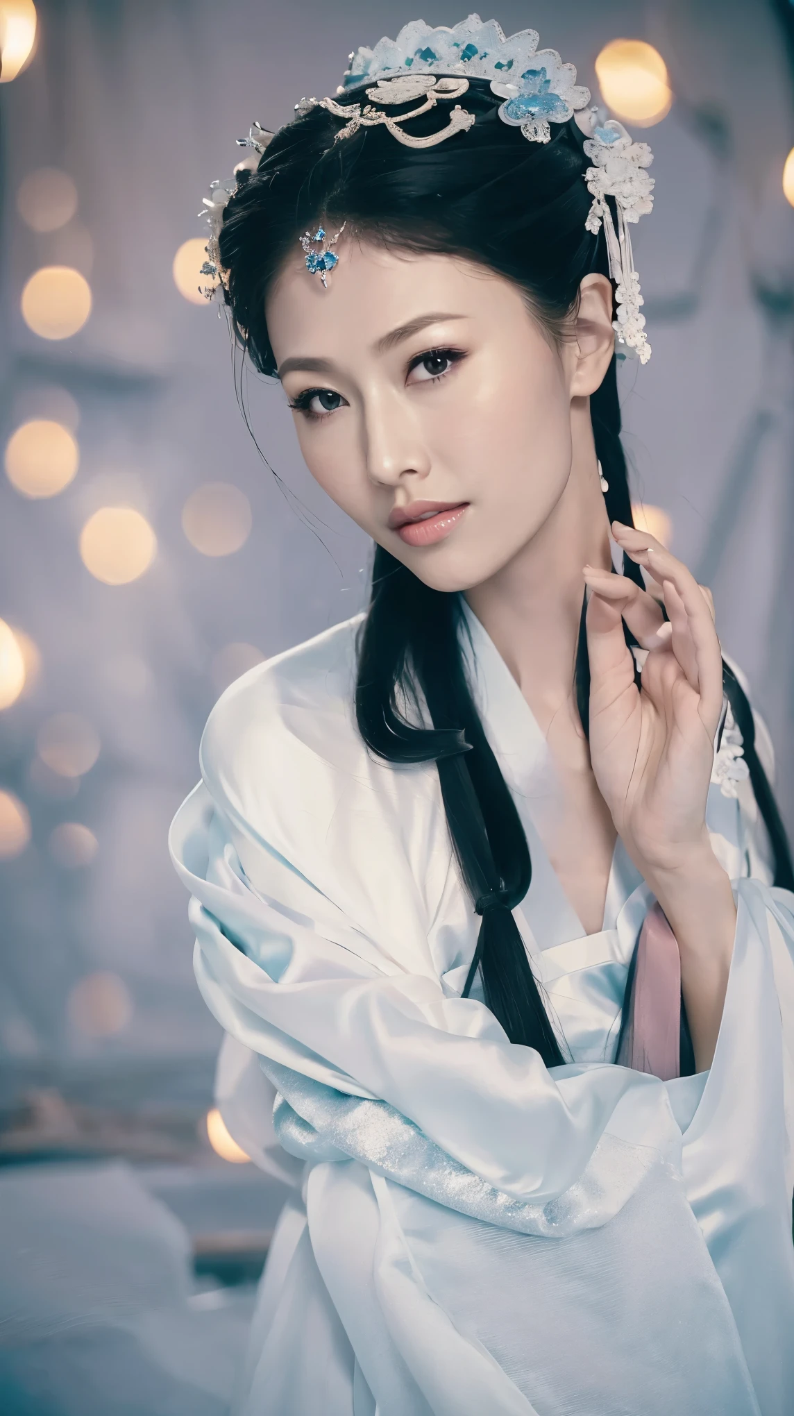 1 Fashion Model [[[[close up]]]], [[[[neck]]]], [[[[Shoulder]]]], (((Complete head)))，(((Complete hairstyle)))，Perfect eyes, Perfect Iris，Perfect lips，Perfect Teeth，Perfect skin，White skin，Soft headlights，High-density imaging，Black long hair，（Clean and delicate face），((White Hanfu))，((Half-length photo))，((night))，((Chinese Lanterns))，((Various dynamic poses))，((The background is the bedroom))，best quality，masterpiece，（Soft colors：1.2）