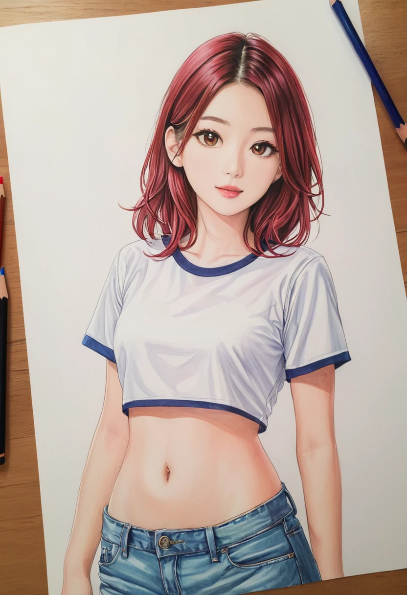 female,crop shirt,white,Art,draft drawing,colour pencil drawing,scan drawing